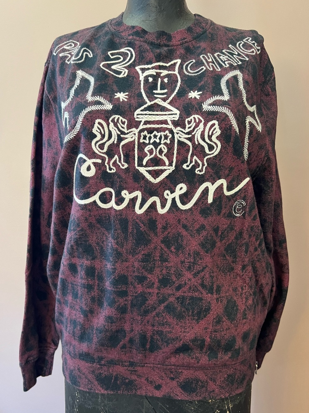 Designer Carven Black & Red Folk Embroidered Side Zipper Cotton Sweater Size M